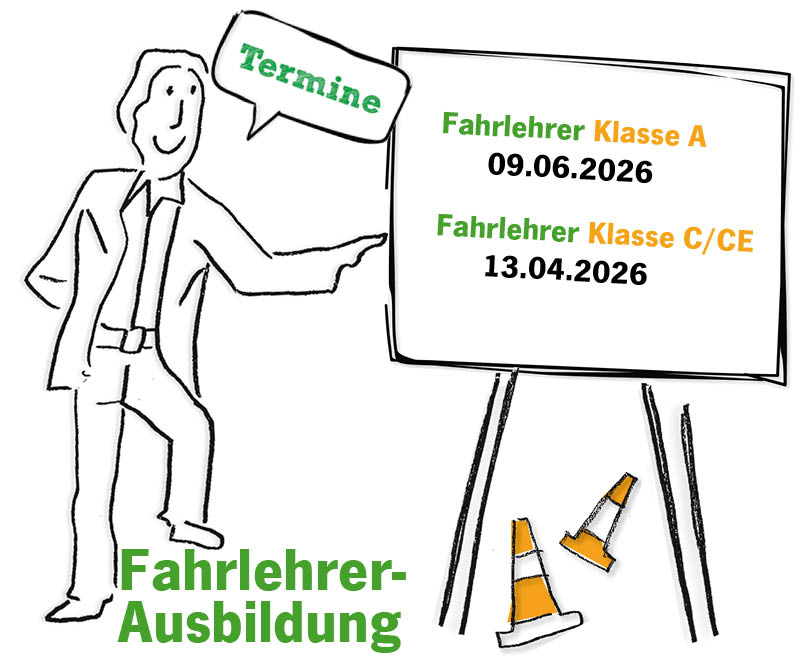 Mann in Anzug zeigt lächelnd auf ein Schild mit Terminen, Verkehrsleitkegel darunter