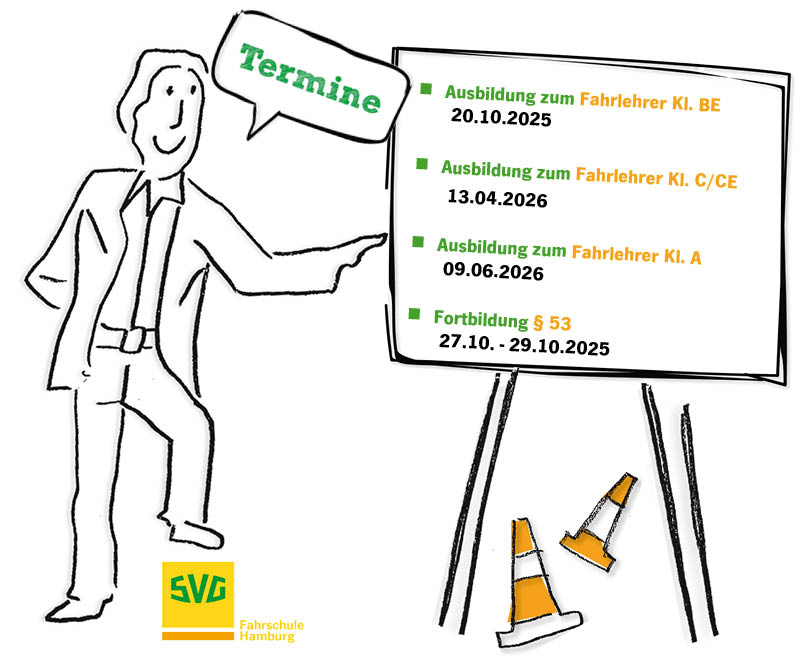 Mann in Anzug zeigt lächelnd auf ein Schild mit Terminen, Verkehrsleitkegel darunter