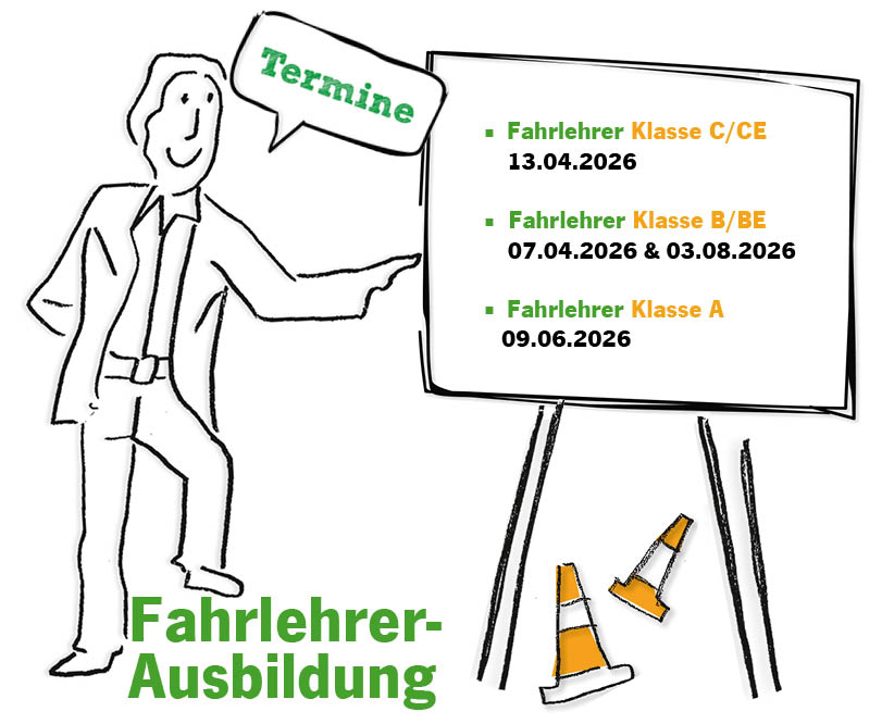 Gezeichneter Mann mit freundlichem Gesicht zeigt auf Terminliste neben orangefarbenen Hütchen