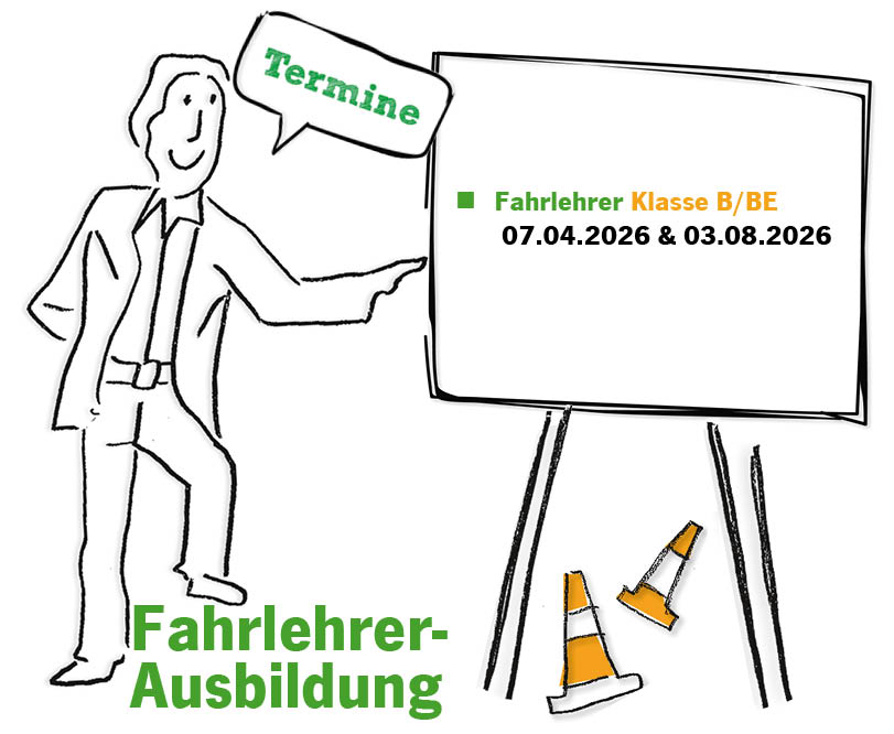 Ein lächelnder Mann zeigt auf eine Tafel mit Terminen zur Fahrlehrerausbildung