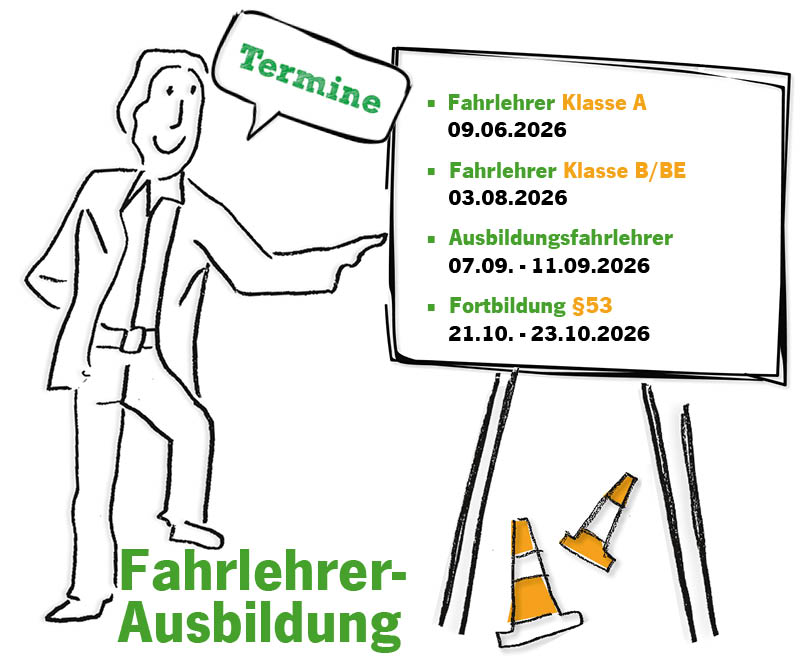 Ein Mann mit freundlichem Gesicht zeigt auf eine Tafel mit Terminen in grüner Schrift