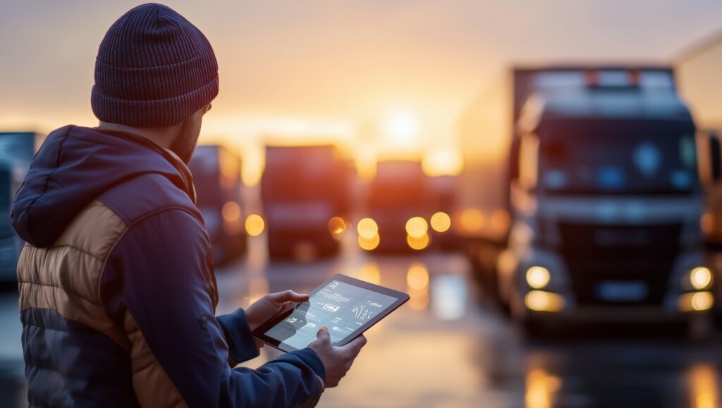 Logistics manager using a tablet for fleet management at a truck parking lot during sunrise, showcasing technology integration in the transportation industry
