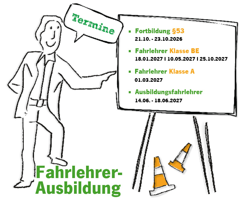 Laechelnder Mann im Anzug zeigt auf Tafel mit Terminen zur Fahrlehrerausbildung