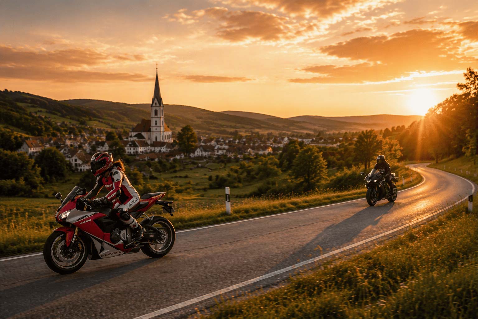 KI-generiert: Motorradfahrer auf roter Honda in huegeliger Landschaft bei Sonnenuntergang